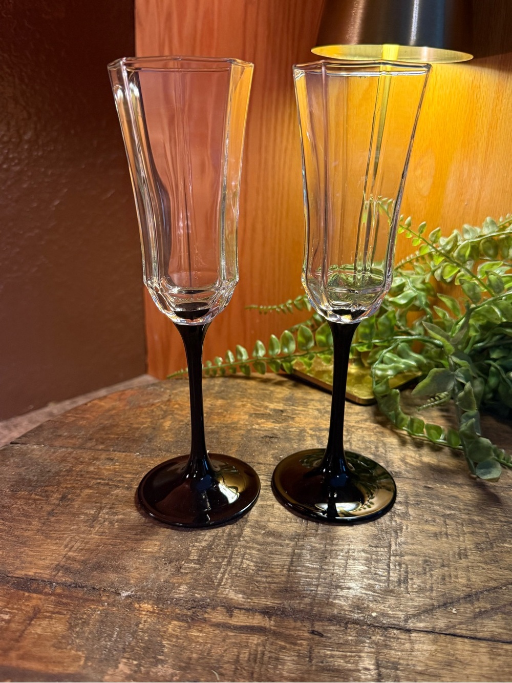 Set of 2 Luminarc France Octime Black Stem Champagne Flutes Glass~Vintage~8.75"